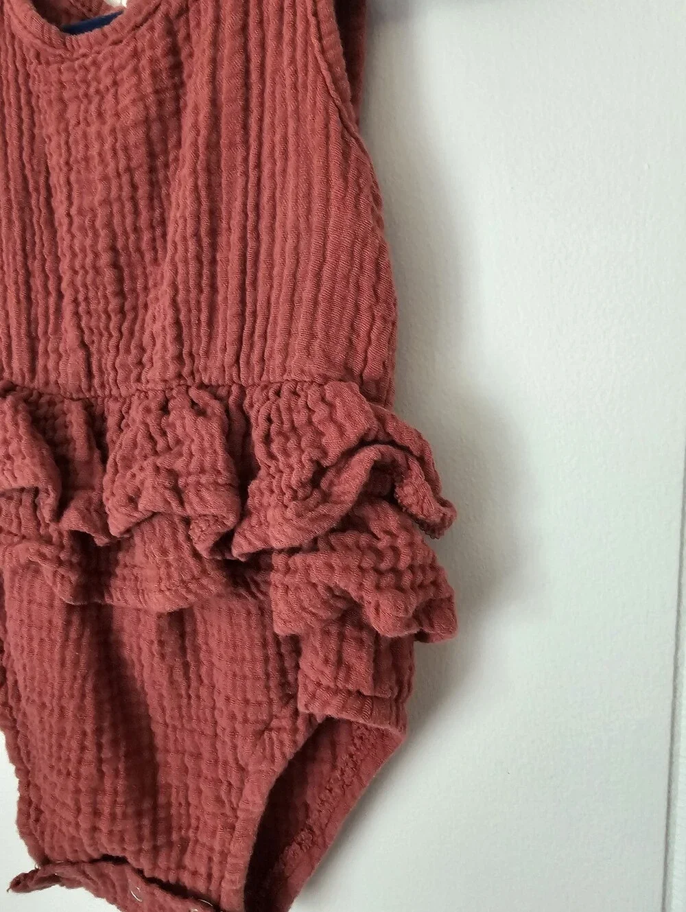 Girls Red Ruffle Muslin One-Piece Romper - Picture 4 of 7